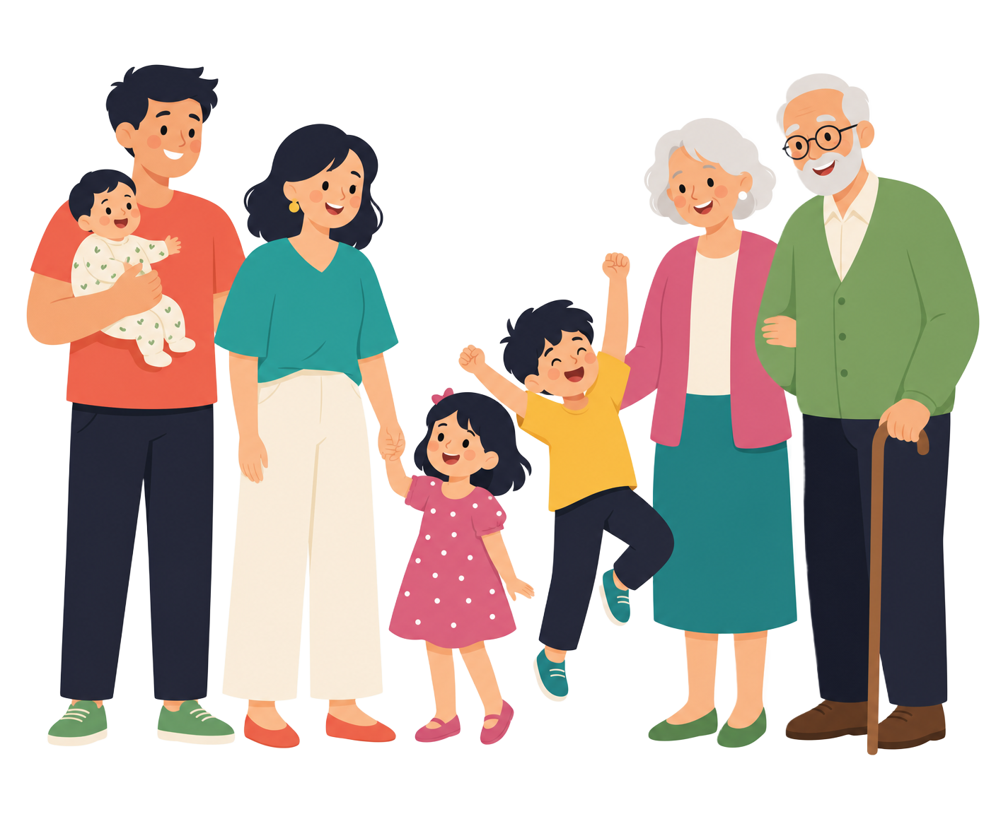 Illustrated multigenerational family — parents, children and grandparents organised together with Avorela